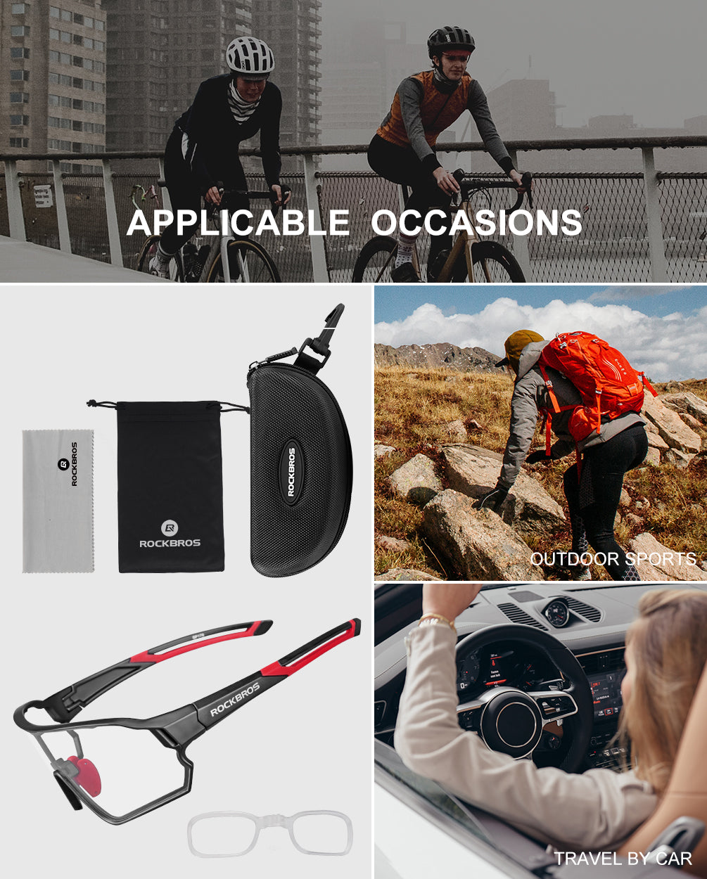 ROCKBROS sunglasses showcased for cycling, hiking, and driving with included accessories.