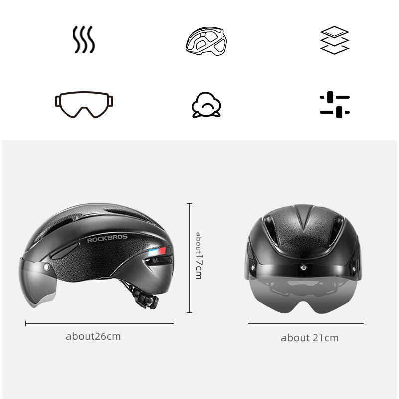 ROCKBROS black cycling helmet dimensions with removable goggles and icons.