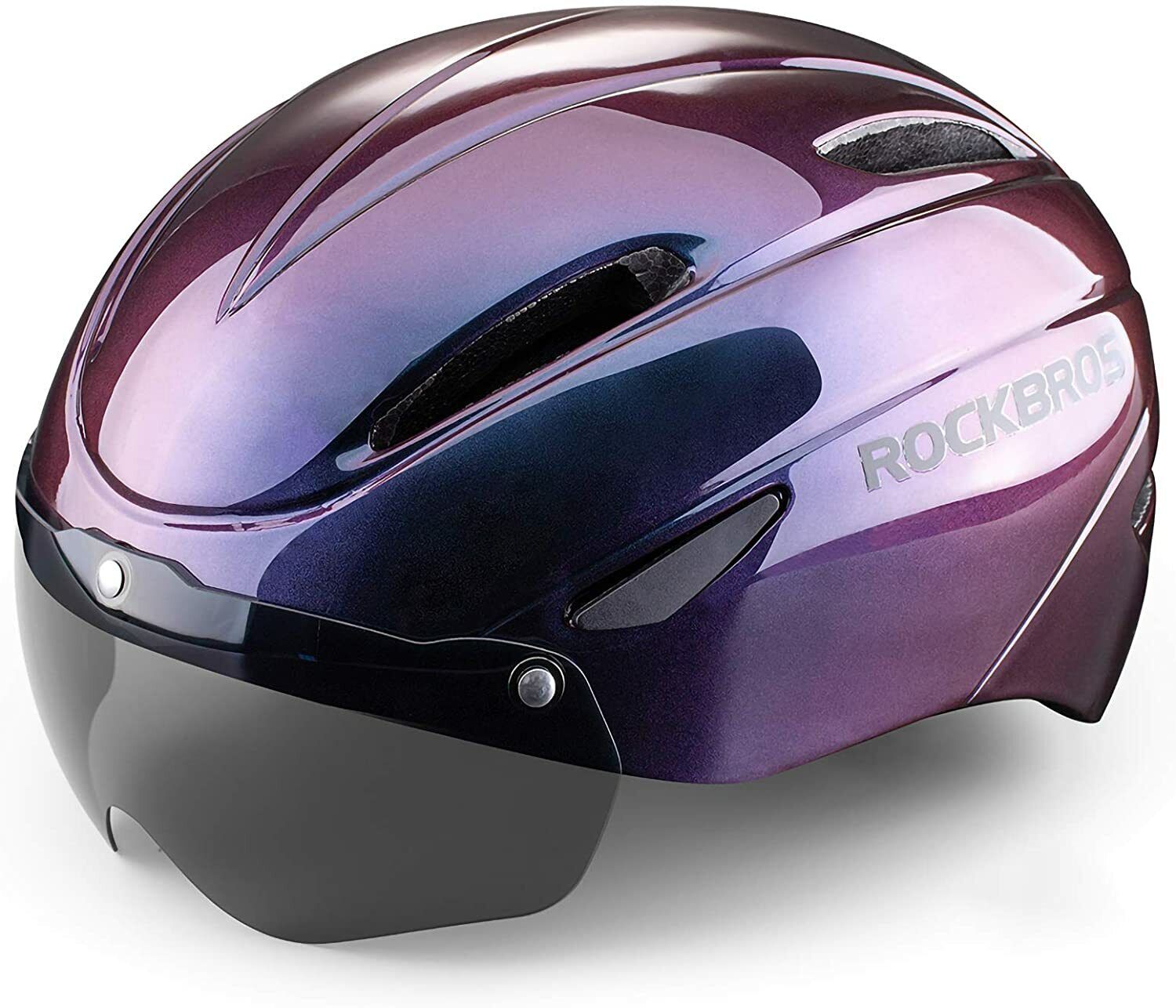 ROCKBROS cycling helmet in purple with integrated removable visor for safety