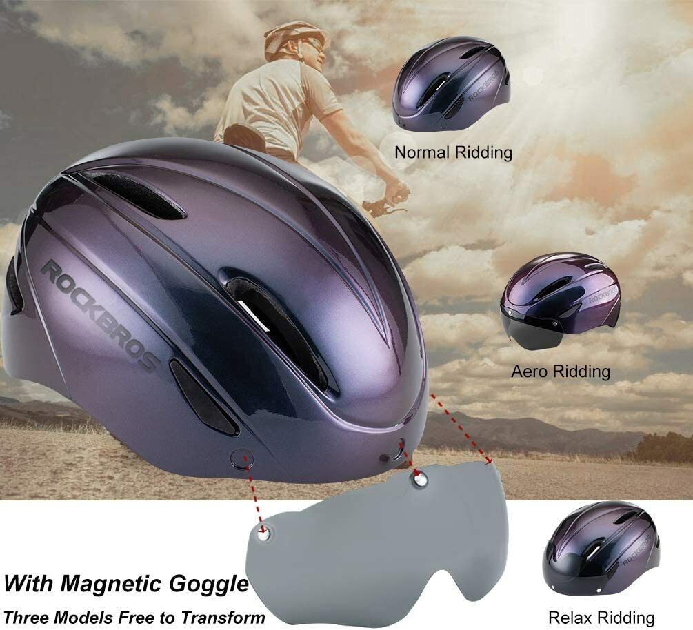 ROCKBROS purple cycling helmet with removable magnetic goggles for versatile riding modes.