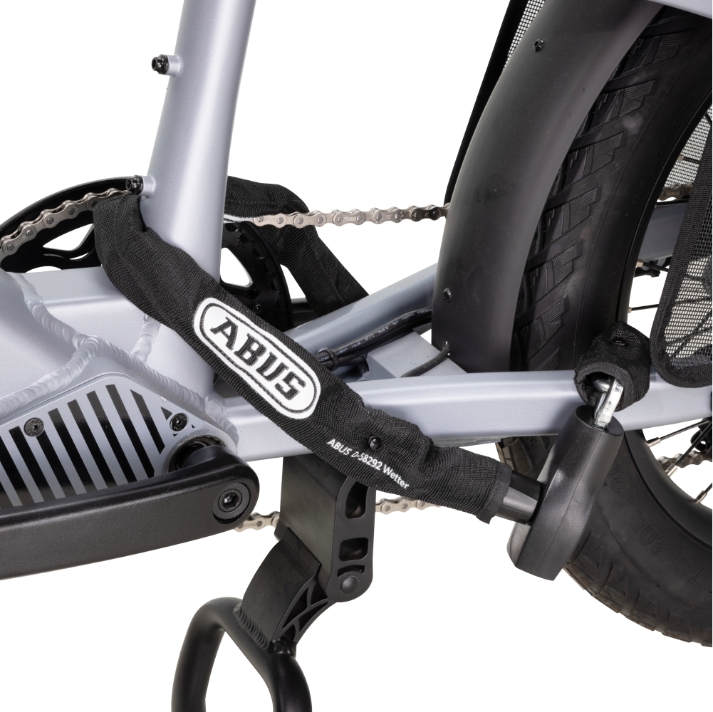 ABUS 8800 chain lock secured on a bicycle frame for safety