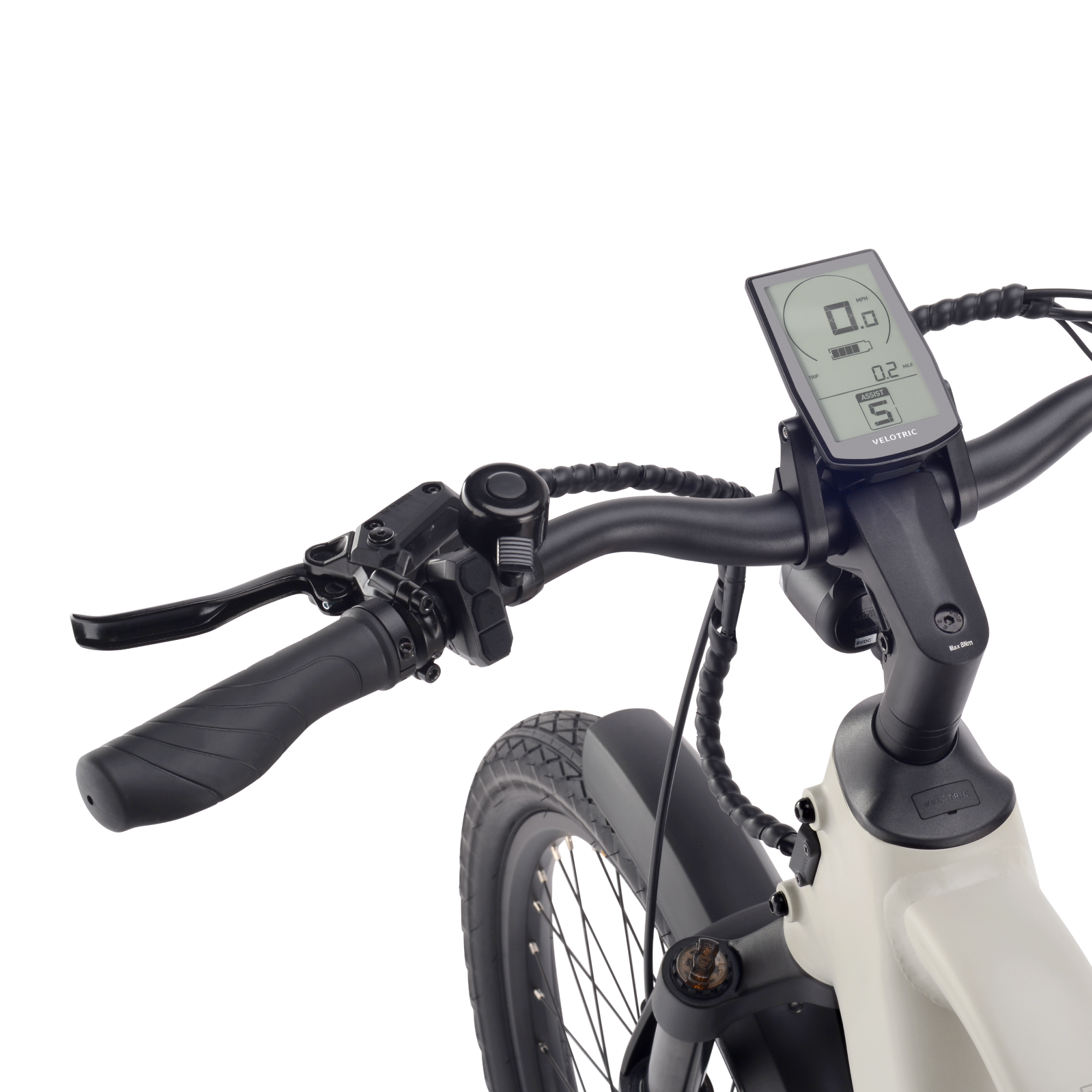 Ergonomic handlebar grips and display on Velotric electric bike.