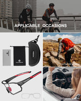 ROCKBROS sunglasses showcased for cycling, hiking, and driving with included accessories.