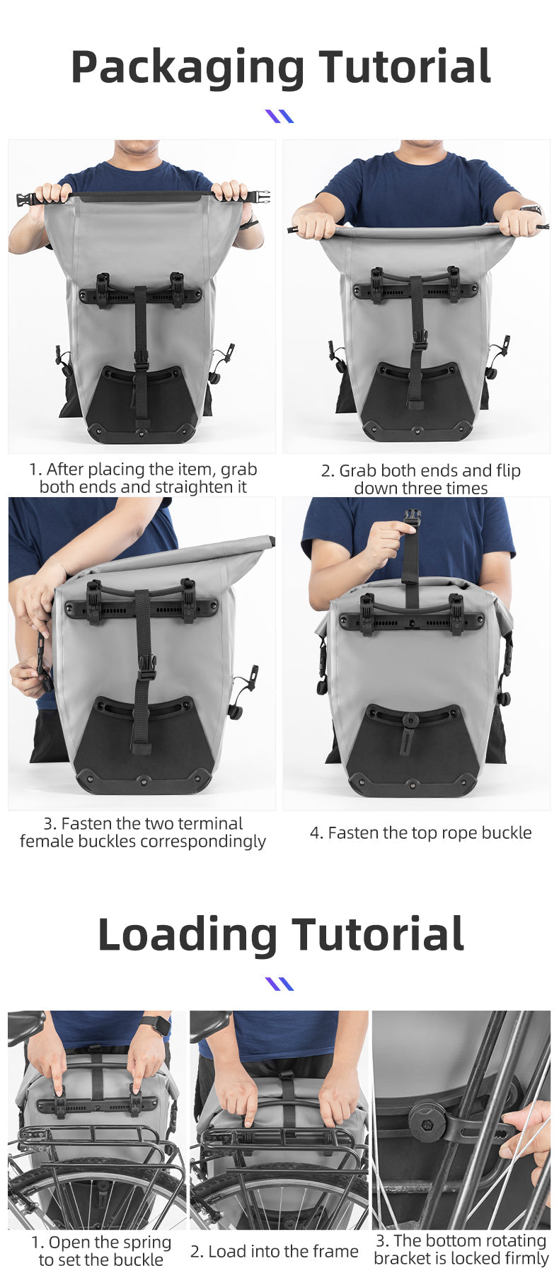 ROCKBROS saddlebag loading instructions with step-by-step visuals and buckling details.