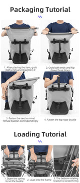 ROCKBROS saddlebag loading instructions with step-by-step visuals and buckling details.