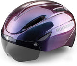 ROCKBROS cycling helmet in purple with integrated removable visor for safety