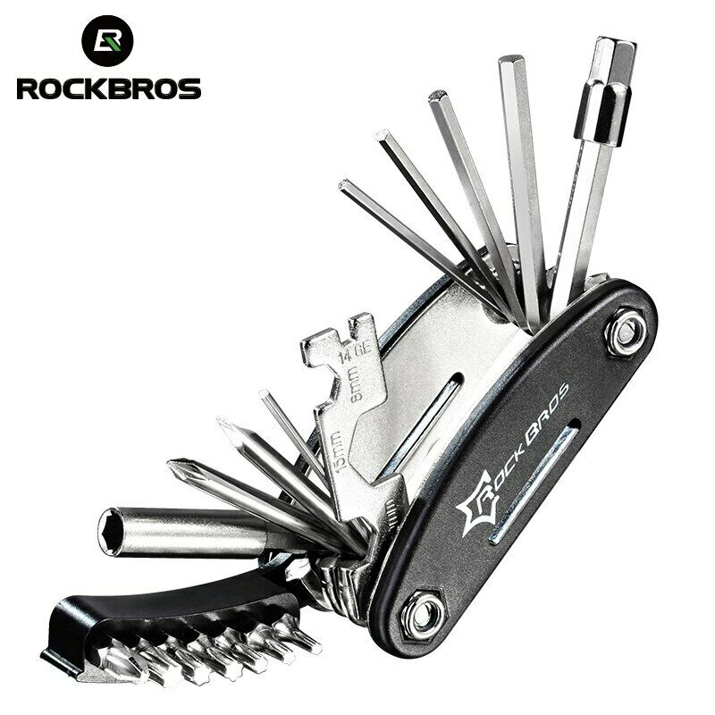 ROCKBROS 16-in-1 bike multi-tool in black and silver with multiple tool attachments