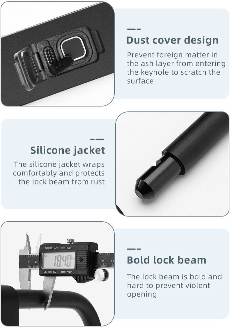 ROCKBROS bike lock features: dust cover, silicone jacket, bold lock beam for security.