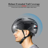 ROCKBROS cycling helmet featuring extended tail coverage and magnetic goggles.