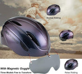 ROCKBROS purple cycling helmet with removable magnetic goggles for versatile riding modes.