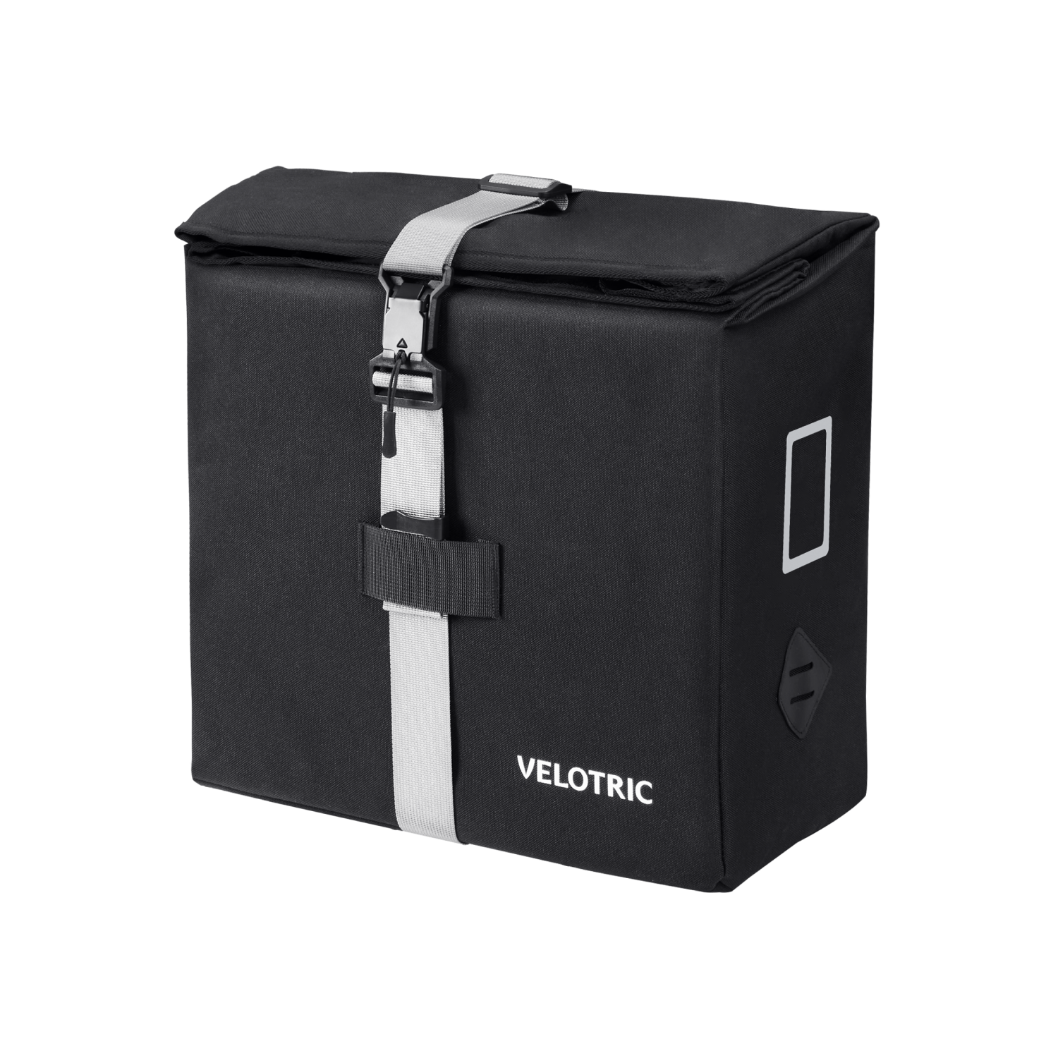 Black Velotric pannier bag with adjustable strap for bicycle rear rack storage.