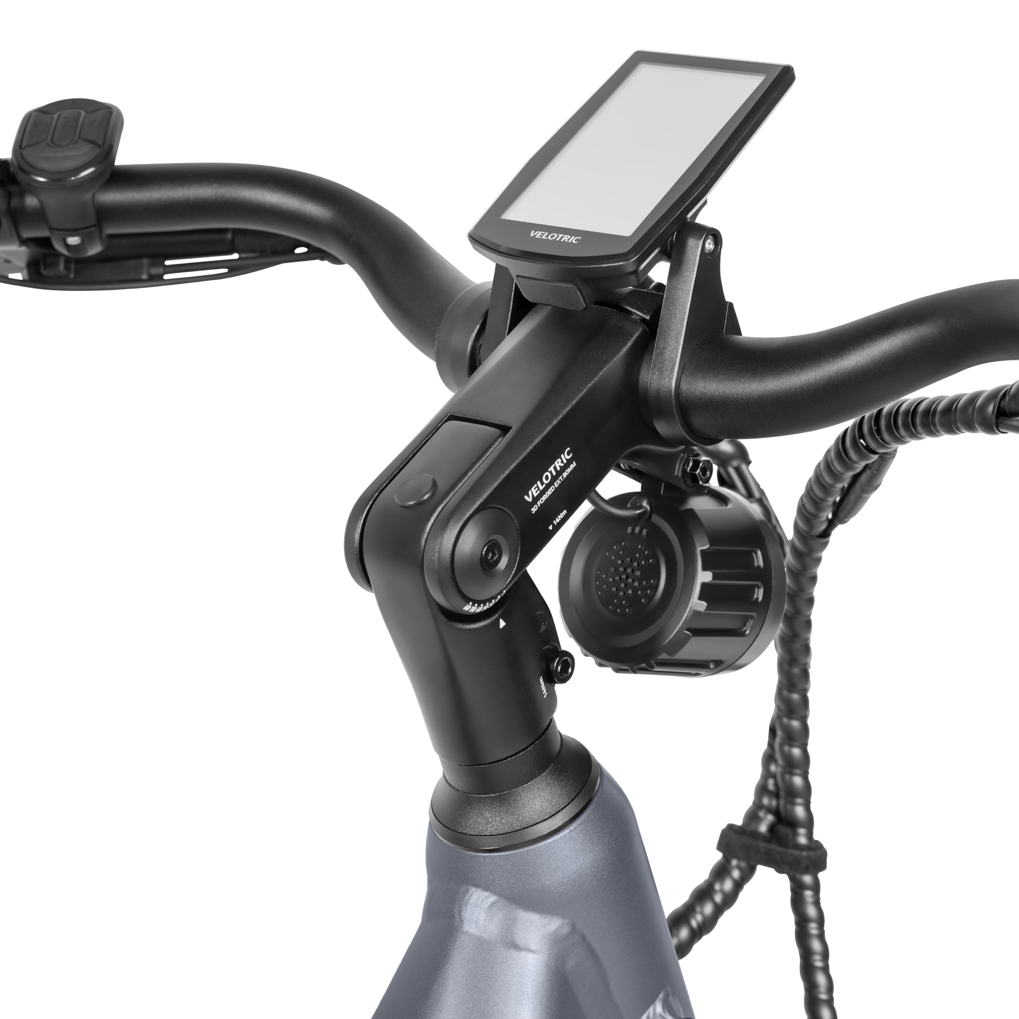Adjustable bicycle stem for versatile positioning on Velotric e-bike handlebars.