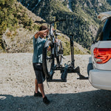 Loading mountain bike onto Destination E hitch rack for electric bikes