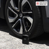 HOTO Electric Air Pump inflating a car tire, showing 25.0 psi on display.