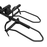 Close-up of RV Rider E-Bike Rack's heavy-duty wheel holders and adjustable frame grabbers