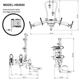 Technical drawing of HR4500 Destination E hitch bike rack with dimensions.