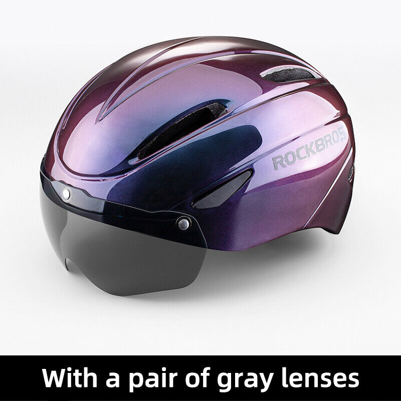 ROCKBROS purple cycling helmet with gray visor for enhanced protection and style