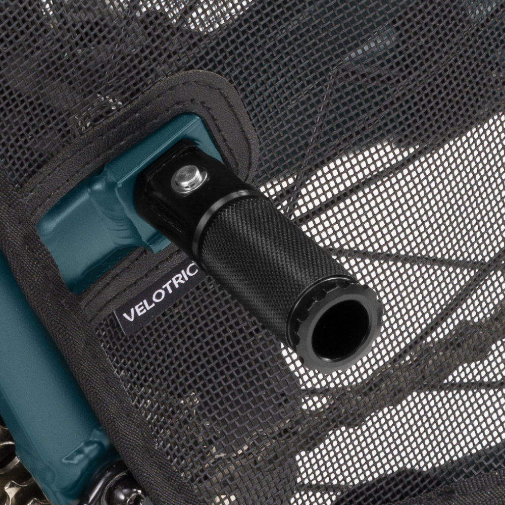 Velotric e-bike rear pegs with diamond grip and foldable feature.