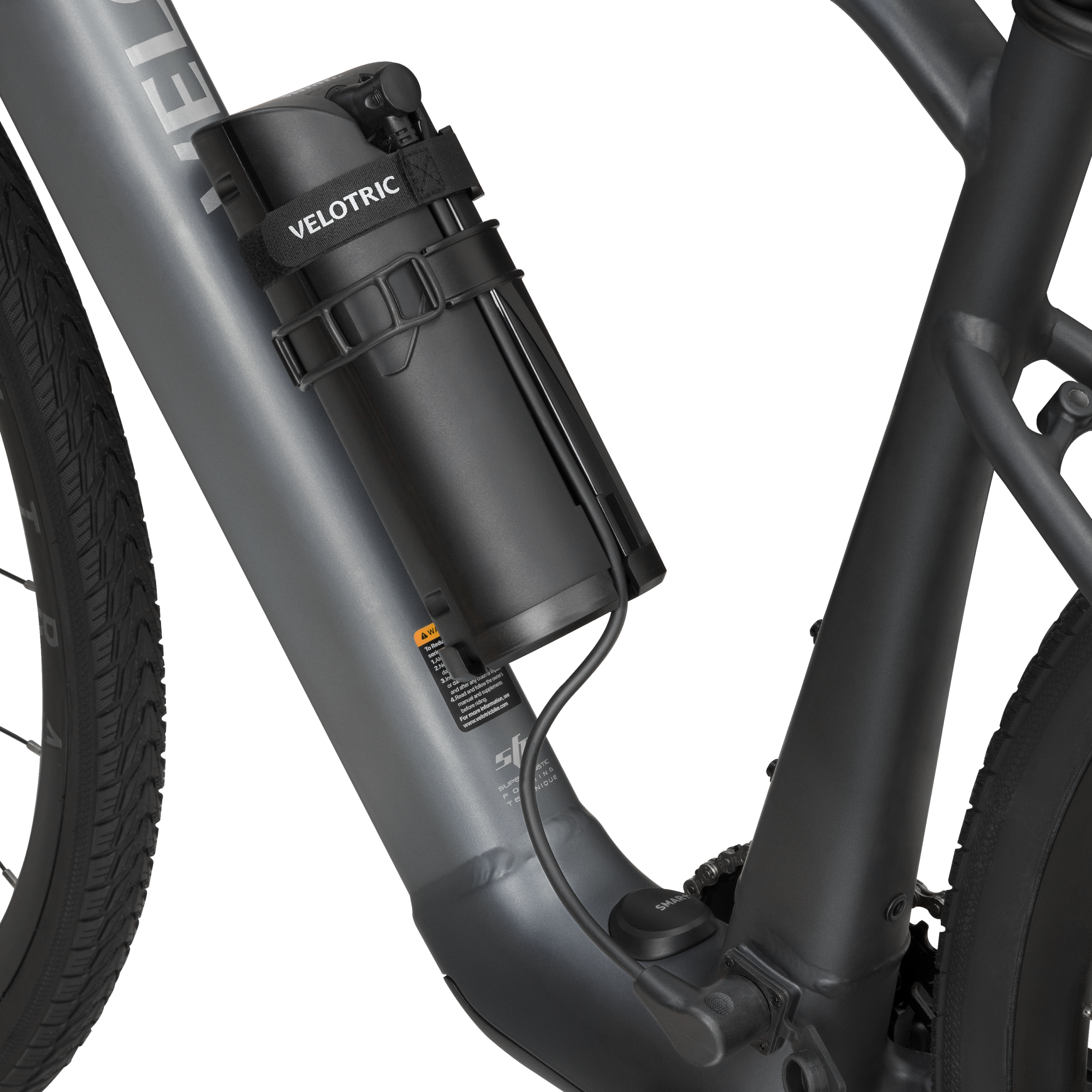 Velotric Range Extender battery installed on T1 bike frame for added range.