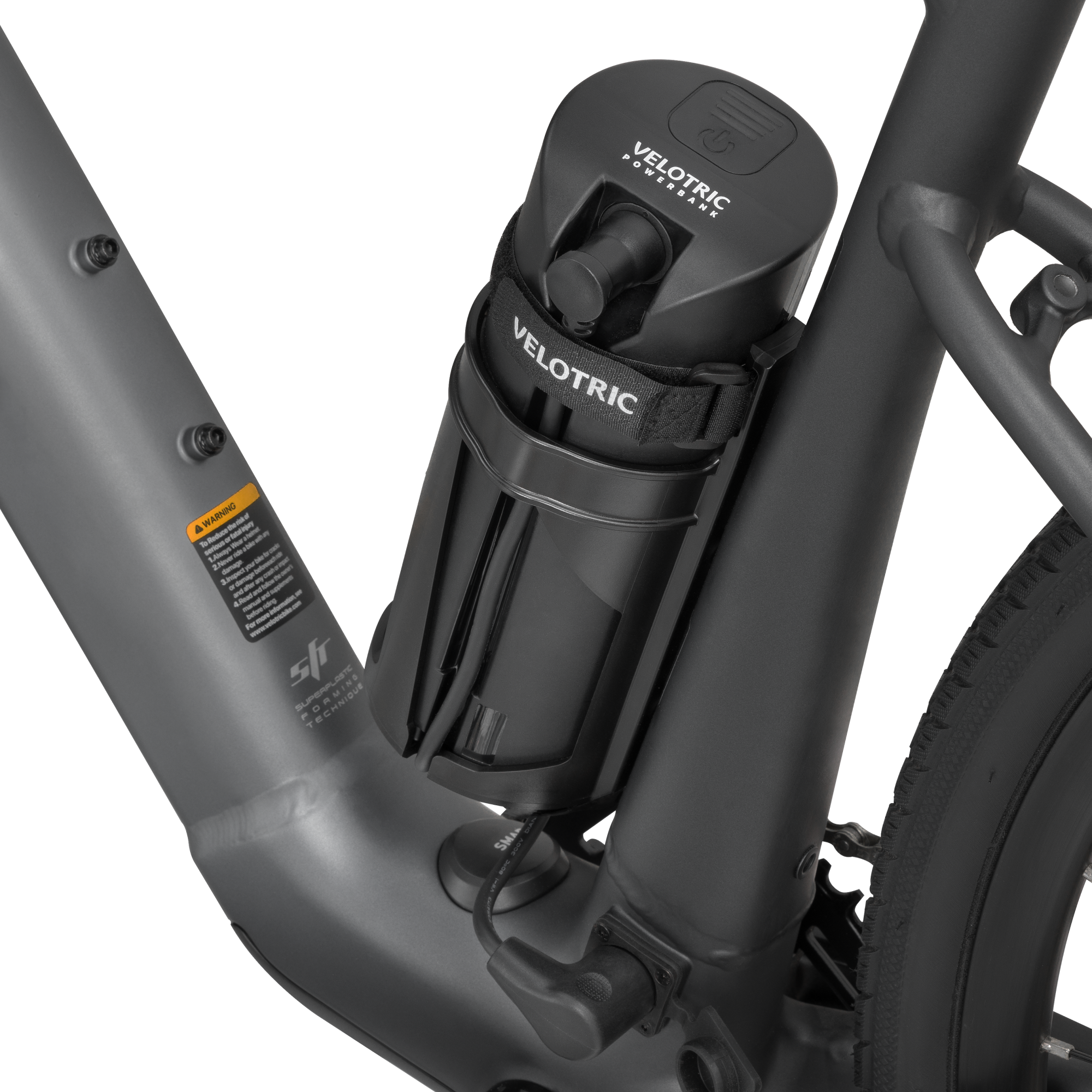 Velotric Range Extender battery attached to T1 bike, enhancing range by 30 miles.