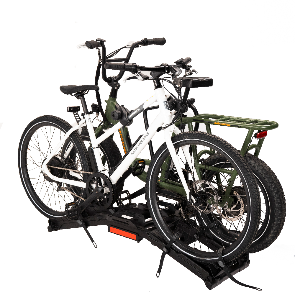 Two bikes secured on Destination E hitch bike rack, ideal for electric bikes.