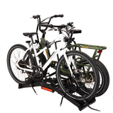 Two bikes secured on Destination E hitch bike rack, ideal for electric bikes.