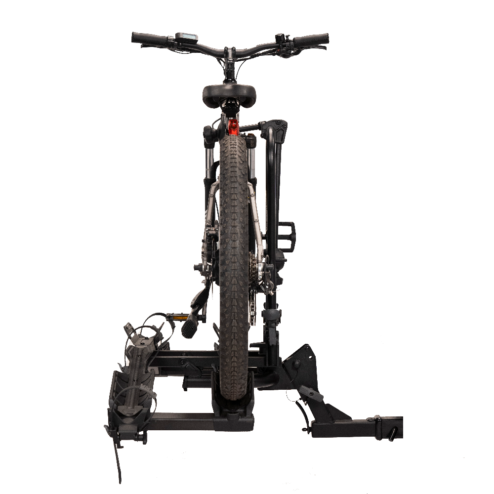 Rear view of Destination E hitch bike rack with electric bike secured.