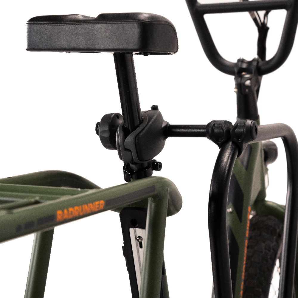 Adjustable frame clamp and seat post of green electric bike on rack.