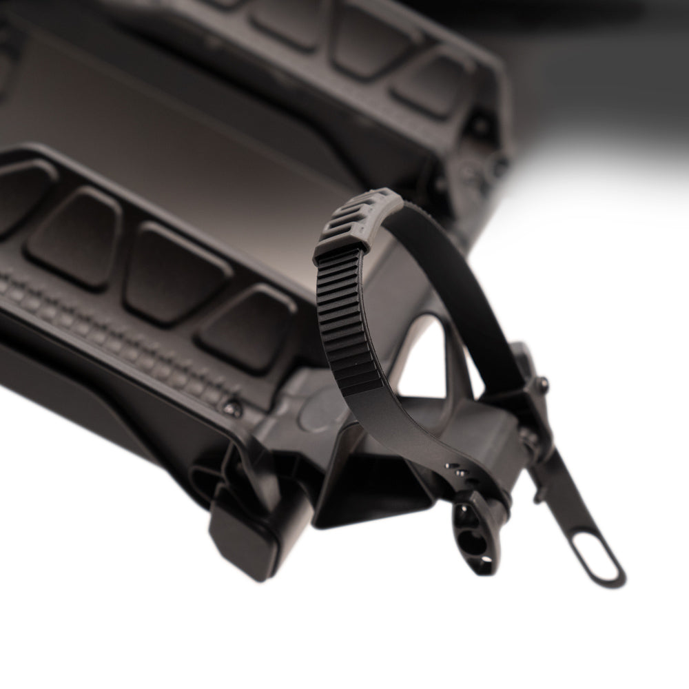 Close-up of adjustable strap and frame clamp on Destination E hitch bike rack