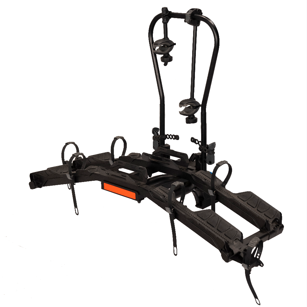 Destination E hitch bike rack for electric bikes with adjustable frame clamps.