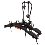 Destination E hitch bike rack for electric bikes with adjustable frame clamps.