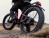 Close-up of the rear of a Velotric Nomad 2 fat tire ebike, showing the fat tire and kicking up dust while riding